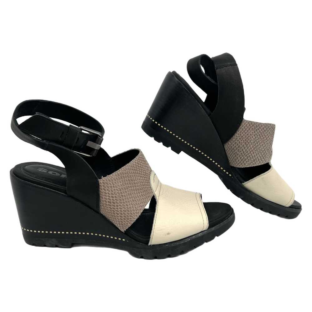Sorel Black Cream Sandals Peep Toe Buckle Ankle Strap Wedge | Womens 9